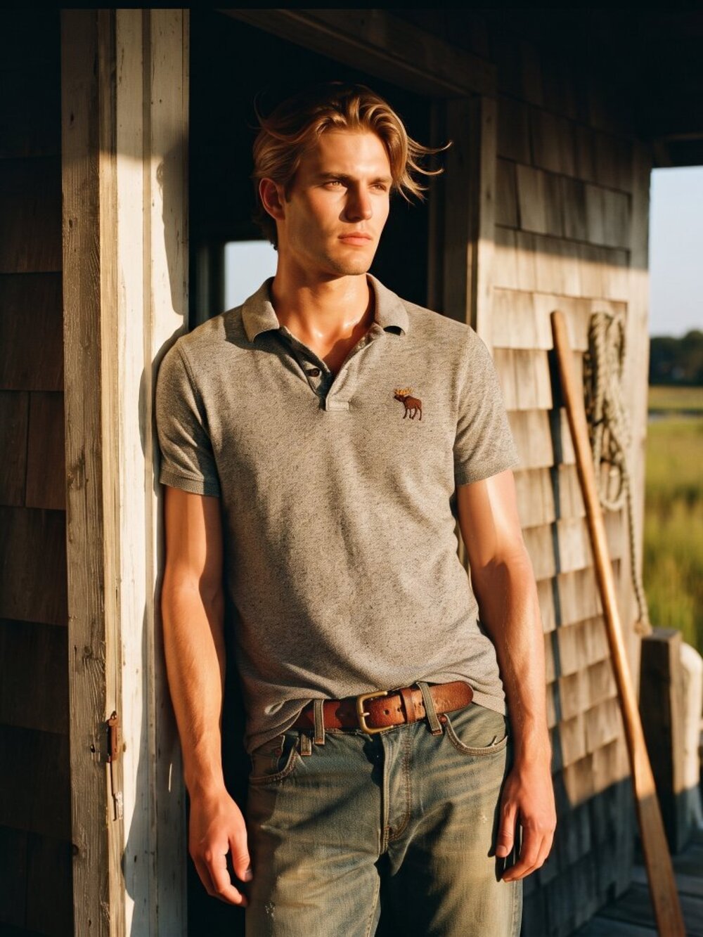 Abercrombie Fitch Mens L Gray Big Moose Logo Stretch Polo Shirt Y2K Preppy